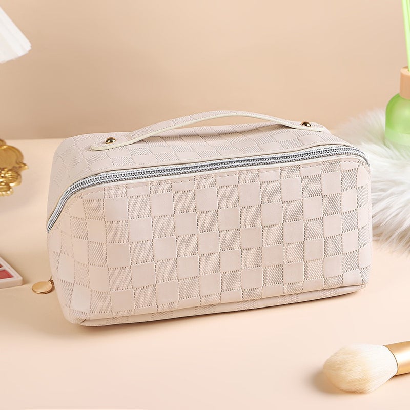 Pu Leather Cosmetic Bag Multifunctional Checkerboard Pillow Bag Large Capacity Waterproof Travel Portable Toiletry Bag - Image 1